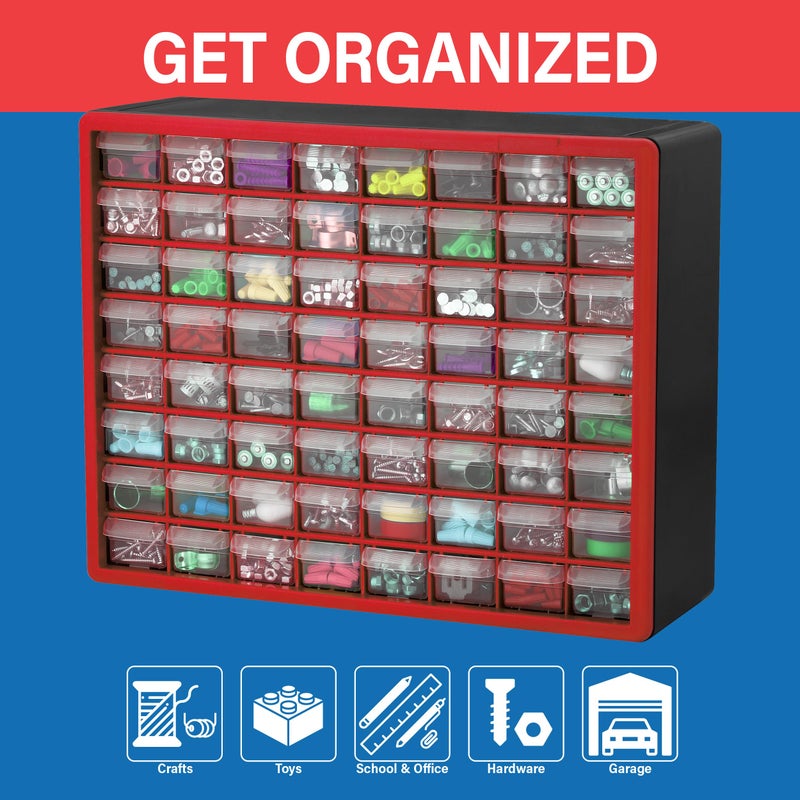 Akro-Mils 64-Drawer Plastic Drawer Storage Cabinet for Garage Organization, Bead Organizer, Building Bricks Storage, Teacher Toolbox, Makeup Organizer, 20" W x 6" D x 16" H, 10164 Red - Image 3